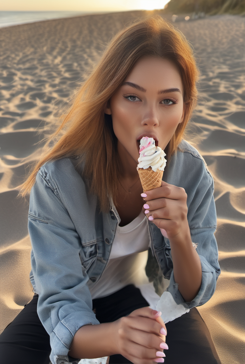 fashion model woman eating an icecream outside, at beach <lora:woman_bj_xl_lora-000030:1>, hi detail, sharp focus, perfect lighting, awesome, dslr, 4k high quality. extra detail, extra sharp, magical, perfect moment, natural skin, pores