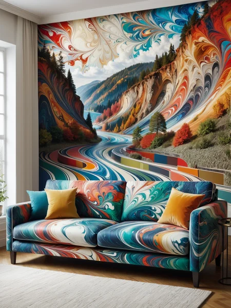 mad-marbled-paper sofa in living room, photo of a landscape on the wall, <lora:Colorful_Marbled_Paper_SDXL:0.8>, (masterpiece:1.2), best quality
