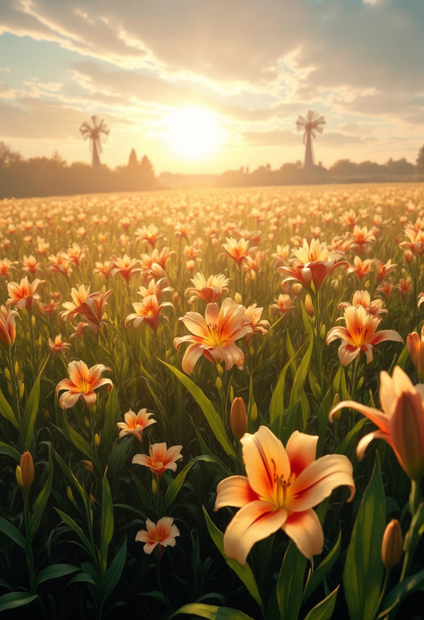 detailed background, from above,( Calm spring morning landscape), beautiful view, Flower Field, lily flower in full bloom, lily flower, early morning, sunrise sky, beautiful clouds, dappled sunlight, 
I can see a windmill in the distance, 
depth of field, masterpiece, best quality, ultra-detailed, very aesthetic, illustration, perfect composition, intricate details, absurdres, moody lighting, wisps of light, no humans,
