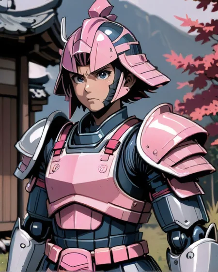 anime style, 1boy, man, rugged, solo, portrait, solo, from front, front view, (full body:0.6), looking away, detailed background, detailed face, (<lora:NESStyleXL:0.8>, nes-design, NESStyle theme:1.1), samurai, pink samurai armor, samurai helmet, dynamic pose, calm, samurai crest, dojo in background, wind, cinematic atmosphere,