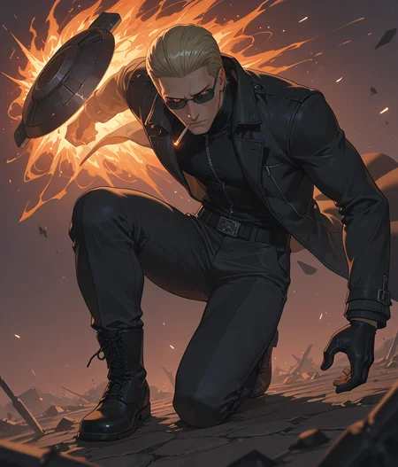 PonyScores7, source_anime, ah1
BREAK <lora:albertwesker-guy-PONYv1:0.8> albertwesker, albert wesker, 1boy, blonde, black gloves, (sunglasses:1.3), belt, black coat, black pants, looking at viewer, toned, athletic, fit, slicked back hair, black turtleneck, zipper, mature male, short hair, black boots, (phantom redeemer, in ethereal armor with a ghostly shield and a mission to bring peace), (Galactic Battlefield, Exploding blaster fire, fallen droids, scattered debris, smoking craters, and the hum of lightsabers clashing), (focused, intense glare, apathetic, contemptuous), (reddish orange eyes, slit pupils), (angular face, sharp_featured face), handsome, charming, alluring
BREAK <lora:xl_more_art-full_v1:0.2>, <lora:shinyskin2:0.2> glistening skin, <lora:aesthetic_anime_v1s:0.2>, <lora:Expressive_H:0.2> Expressiveh, <lora:hairdetailpxl:0.2> hairdetailpxl, <lora:EpicF4nta5yXL:0.2>, <lora:detailxl:0.2> detailxl, <lora:Fant5yP0ny:0.2>, best quality, amazing quality, best aesthetic, absurdres, <lora:expressive eyes:0.2> expressive eyes, <lora:eyedetailpxl:0.2> eyedetailpxl, illustration, Volumetric_Lighting, ultra-detailed, very aesthetic, intricate details, 8k, masterpiece, best_quality
BREAK (Ground level (from the side) view Close shot, focus on knees)
BREAK <lora:Eyes_High_Definition:0.3> EyesHD, Stable_Yogis_PDXL_Positives, AS-Adult, <lora:Complicated fantasy portrait - XL Pony V2.0:0.4>, bad-hands-5, AS-MidAged, <lora:HDA_Detailer:0.2>