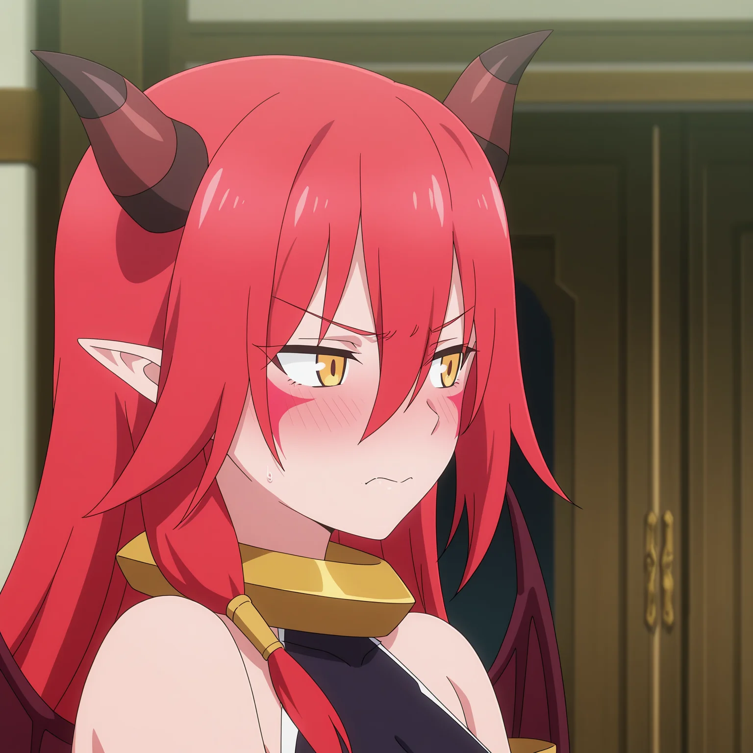 masterpiece, best quality, amazing quality, anime screencap, 1girl, solo, standing, face-focus, embarrassed, annoyed, averting eyes, <lora:ArnesKonoSuba:0.9>, ArnesKonoSuba, red hair, long hair, hair between eyes, yellow eyes, facepaint, horns, demon girl, demon wings, demon tail, pointy ears, leotard, bare shoulders, metal collar, elbow gloves, over-kneehighs, knee boots,