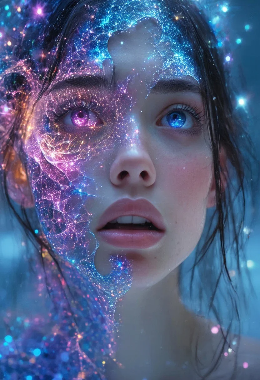 Cinematic style, realism, cinematic quality, Pastel, a young women half portrait,She is looking in disbelieve as her face is disintegrating into fractals which are dominant on one half of her face so that no skin is visible anymore only colorful crystal like looking mathematical and colorful fractals. The fractals are also waving over the other half of her face, getting slightly weaker and less pronounced, fading out.
The background is misterious blue with shining stars.