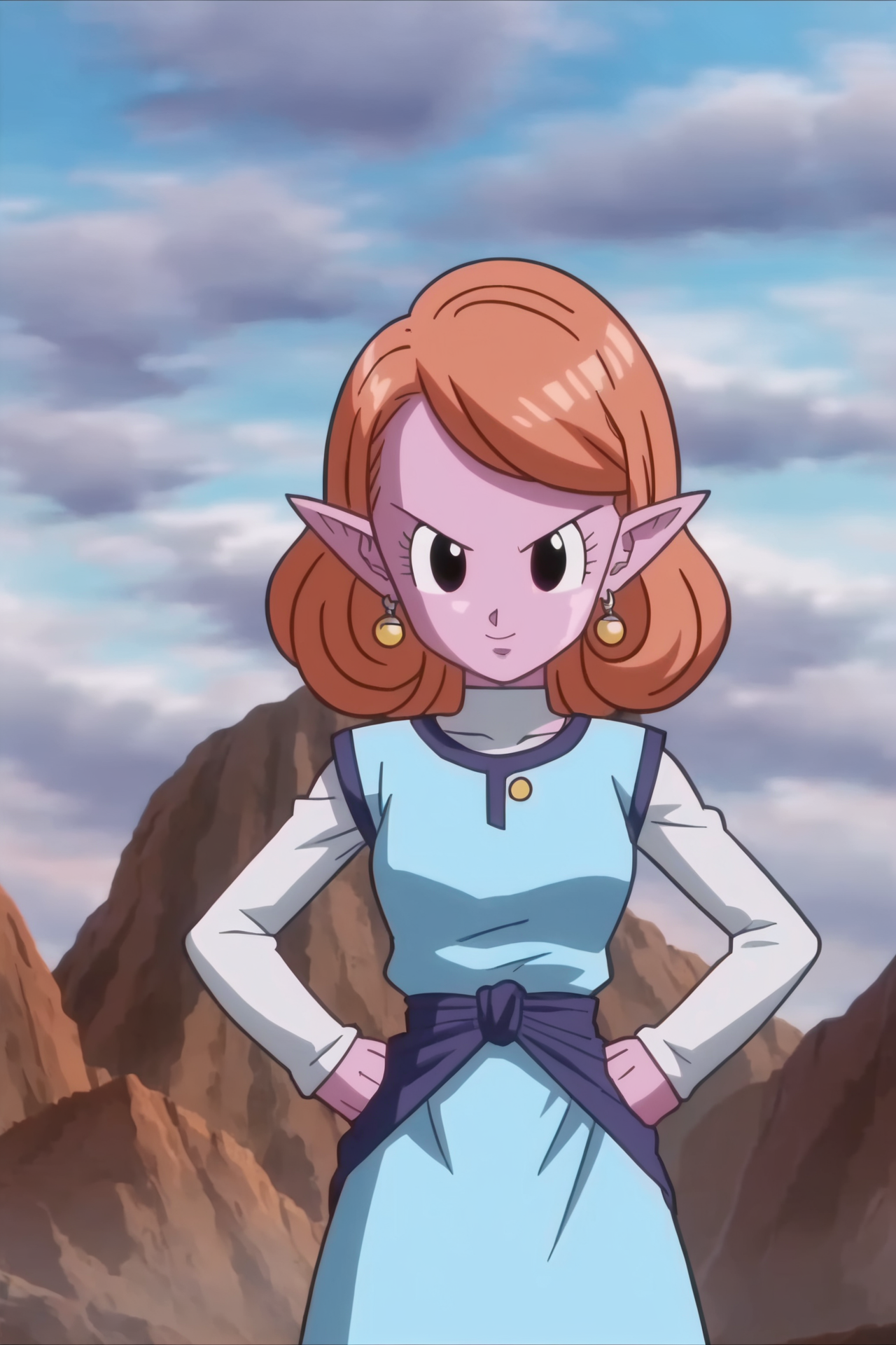 source_anime, score_9, score_8_up, score_7_up, anime screencap,8k, absurdres, 
chronoa, 1girl, solo, looking at viewer, potara earrings, sky, pointy ears, cloud, orange hair, black eyes, sash, colored skin, hands on hips, mountain, purple skin, curly hair, blue dress, blue sash, cowboy shot, long sleeves, small breasts, turtleneck, v-shaped eyebrows, white undershirt, official style
 <lora:chronoa_pony_v1:0.8>
