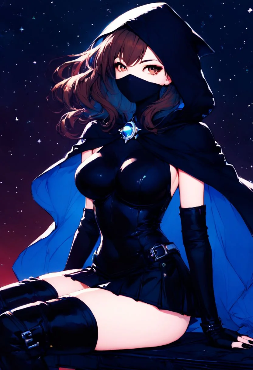 cyanbl, sunset atmosphere, cyan shadows, score_9, score_8_up, score_7_up, digital art, absurdres, great shading, high quality, Wilnayaa, 1girl, 30 years old, solo, cute face, brown eyes, long brown hair, long bangs, huge black eyelashes, dark eyeshadow, large breasts, wide hips, hourglass figure, mouth mask, black hood, hood up, black leotard, black mini skirt, black thigh high boots, fishnet stockings, black cape, black fingerless gloves, elbow gloves, black nail polish, dark background, cloudy sky, shinny moon, stars