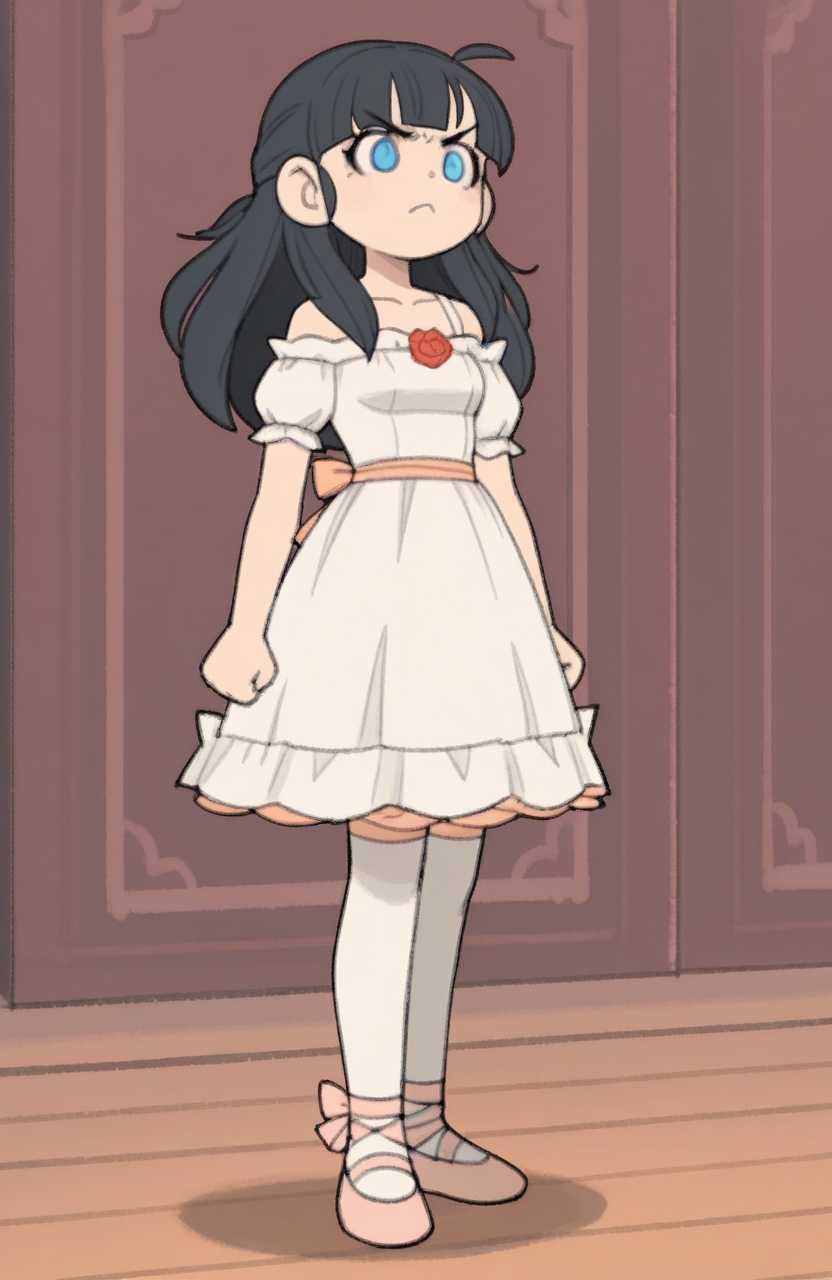 1girl, solo, <lora:TemmieChang:1> tmchng, standing, raised voice, determined stare, hardened features, angry,
<lora:Aili-DQX:0.8> aili \(dqx\), blue eyes, black hair, blunt bangs, long hair, ballerina dress, off-shoulder leotard, petal tutu, thighhighs, ballet shoes, low bun, chibi, extremely detailed, highres, masterpiece, best quality
