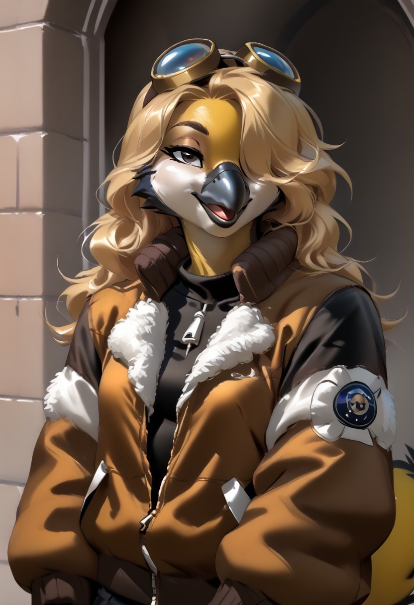 score_9, score_8_up, score_7_up, (by zummeng:1.5), (by jailbird:1.5), (by kittydee:1.5), masterpiece, best quality, (solo),  
(Furry Art: great tit:1.5), expressive eyes, feminine eyes, <lora:beautiful_detailed_eyes:1>, perfect face, feminine face, feminine body, black beak, multicolored body, yellow body, black colored down middle of body, black head, white cheeks, (blonde hair:1.5), (long hair), (one eye covered by hair), small breasts, (bomber jacket:1.5), (t-shirt:1), (googles),