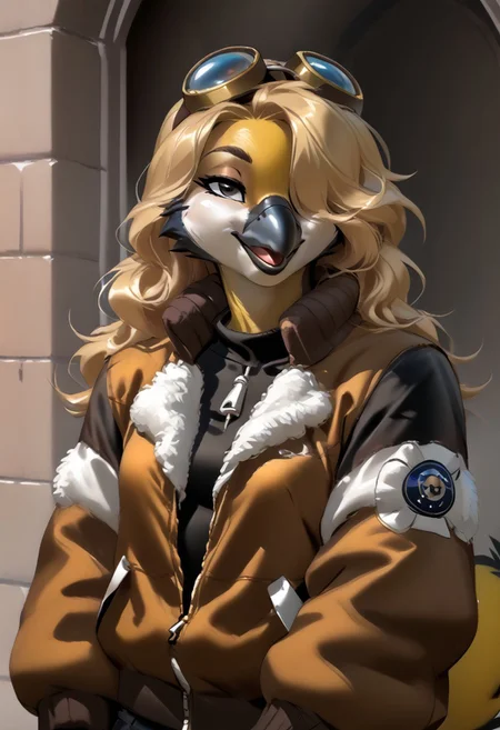 score_9, score_8_up, score_7_up, (by zummeng:1.5), (by jailbird:1.5), (by kittydee:1.5), masterpiece, best quality, (solo),  
(Furry Art: great tit:1.5), expressive eyes, feminine eyes, <lora:beautiful_detailed_eyes:1>, perfect face, feminine face, feminine body, black beak, multicolored body, yellow body, black colored down middle of body, black head, white cheeks, (blonde hair:1.5), (long hair), (one eye covered by hair), small breasts, (bomber jacket:1.5), (t-shirt:1), (googles),