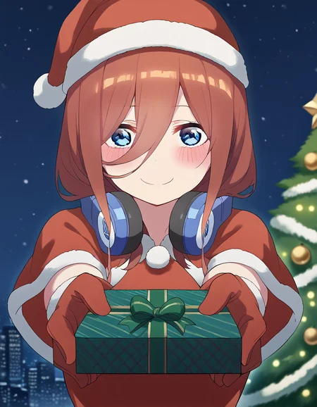 score_9, score_8_up, score_7_up, source_anime, <lora:miku-nakano-s2-ponyxl-lora-nochekaiser:1>, miku nakano, long hair, bangs, blue eyes, brown hair, hair between eyes, headphones, headphones around neck, large breasts,, <lora:santa-costume-ponyxl-lora-nochekaiser:1>, santa costume, santa hat, christmas, sack, merry christmas, gift, fur-trimmed headwear, holding sack, santa dress, fur-trimmed dress, christmas tree, christmas tree, fur trim, red capelet, gift box, red gloves, fur-trimmed capelet, santa gloves, red hat, hat,, smile, blush, looking at viewer, <lora:incoming-gift-ponyxl-lora-nochekaiser:1>, incoming gift, outstretched arms, holding, holding gift, gift, gift box,,