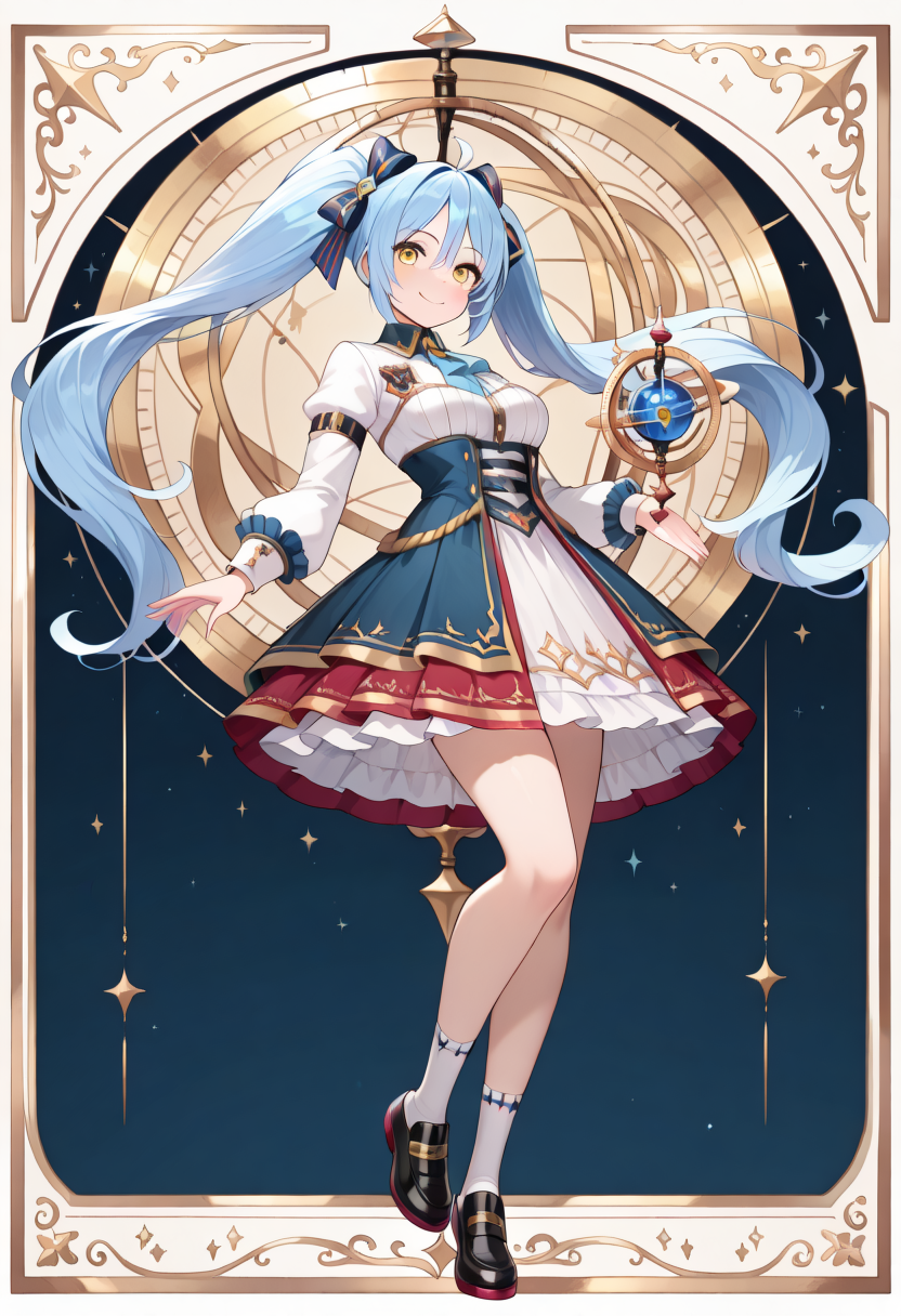 masterpiece, best quality,
KRSoniaSC, 1girl, twintails, yellow eyes, blue hair, solo, dress, socks, shoes, hair bow, black footwear, light blue hair, orb, frills, puffy long sleeves, skirt, brooch, blush, globe, layered skirt, blue ascot, high-waist skirt, frilled skirt, school badge, rope belt, white cuff,floating SOSCorb,badge chain,red shoe sole, looking at viewer,smile,full body