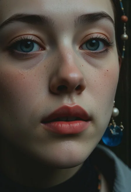 Deep black Hair, Extreme Face and lips Closeup, Focus the lips, Busty, Realistic analog photo, awesome, grey-blue lipstick, high Quality, photorealistic, atmospheric lighting, volumetric lighting, cinematic, Epic Film Quality, dystopian Grey distressed cyberpunk, outworn, , blushed smiling, large bleaked marine-blue translucent sphere pearl earrings, realistic detailed skin, highly volumetric lighting, Cleavage, Feudal neo Tokyo in the Fantasy style of Jan Vermeer, ethereal charming wired princess Cyborg Samurai extreme intricate technical parts Face Closeup, wires and cables AS well as translucent Vintage mechanical robotic hoses, vibrant bleaked Red/grey and deep black color graded, Long blonde billowing hair, throwing kiss, Hairband,