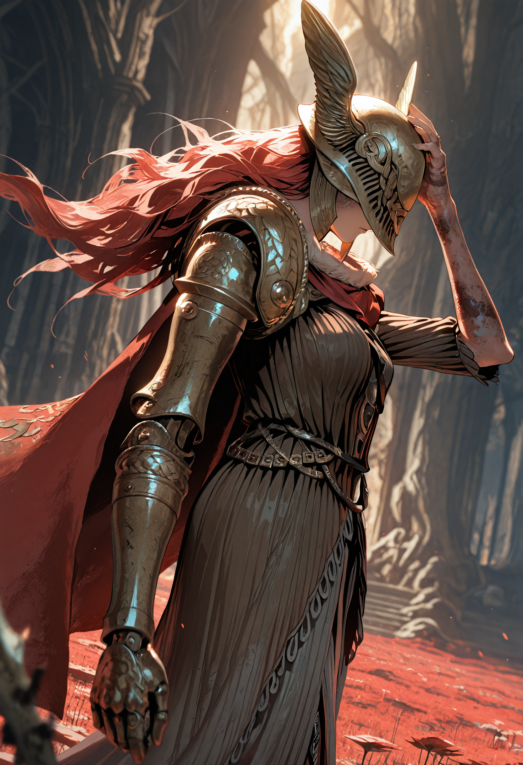 1girl,solo,weapon,malenia,blade of miquella,malenia \(elden ring\),helmet,red cape, prosthetic arm,covered eyes, mechanical arms, one hand on helmet, side view, scarlet rot field,  dutch angle, depth of field,, masterpiece, best quality, amazing quality, very aesthetic, absurdres,  (scenery, volumetric lighting), MythAn1m3