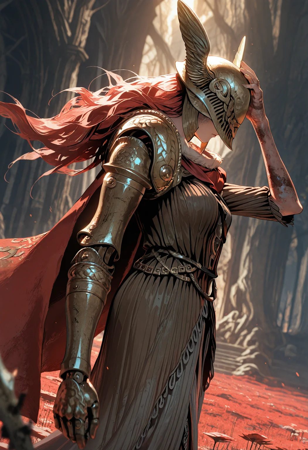 1girl,solo,weapon,malenia,blade of miquella,malenia \(elden ring\),helmet,red cape, prosthetic arm,covered eyes, mechanical arms, one hand on helmet, side view, scarlet rot field, dutch angle, depth of field,, masterpiece, best quality, amazing quality, very aesthetic, absurdres, (scenery, volumetric lighting), MythAn1m3
