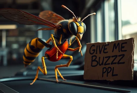 âA large, detailed wasp with a tiny golden crown, dressed in a fitted gymnast suit in vibrant colors, running on a treadmill. Beside the treadmill is a worn, rotten cardboard sign that reads âGIVE ME BUZZ PPLâ in rough, hand-drawn letters. Shot with a Panavision 105mm lens to capture a cinematic, high-resolution close-up, emphasizing the waspâs intricate wing structure, the textures on its exoskeleton, and the suit fabric. The background shows a softly blurred gym environment, with moody, high-contrast lighting and deep colors highlighting each detail on the wasp, the cardboard sign, and the treadmill, creating a whimsical yet dramatic scene.â