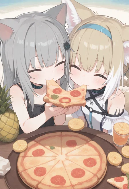 2girls, suzuran (arknights),smile, happy, ^_^, nachoneko, +_+, sparkling eyes, (pineapple slice, pineapple on pizza:1.7), (eating pineapple pizza:1.4), (hawaiian pizza:1.3),
(zankuro:0.2), wagashi \(dagashiya\), chen bin, very awa, very aesthetic, masterpiece, best quality, amazing quality, absurdres <lora:ponyv6_noobV1_2_adamW:0.5> <lora:n_XLNBVP1lokrV6311P:0.2> <lora:748cmXLNBVP1lokrV6311PZ:0.2> <lora:ricotte2:0.2>