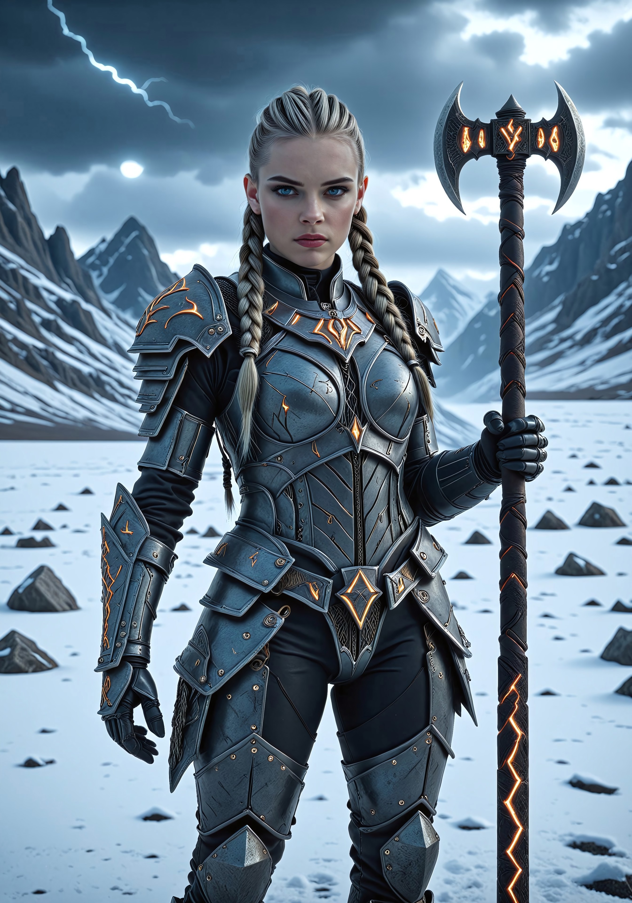 Prompt: A vikingpunk warrior-princess in futuristic armor, set in a frozen wasteland with rugged mountains and stormy skies.
Style: Photorealistic portrait with high detail, dramatic lighting, and a cinematic atmosphere.
Key elements:

Striking warrior-princess with twin braids, shaved sides, and a determined expression.
Futuristic viking armor inspired by traditional designs, glowing runes, and a seamless blend of technology and ancient craftsmanship.
Icy, desolate landscape stretching into the distance with dark, ominous clouds and the faint glow of lightning.
Athletic, slim-figured heroism, emphasizing strength and agility.
Ancient runes etched into armor and battleaxe, crackling with mystical energy.
perfection style, perfection, perfect,