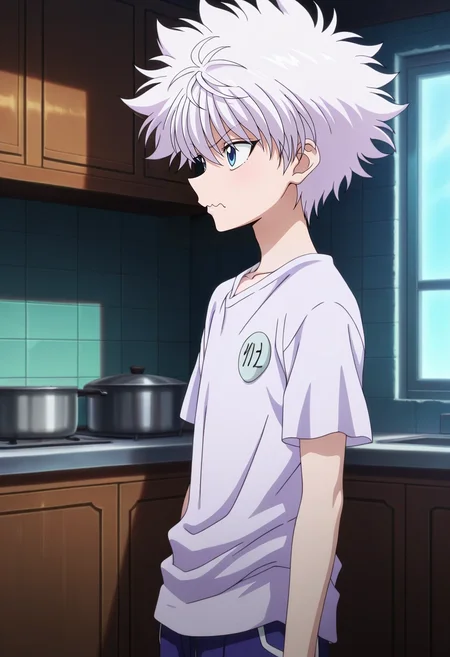 masterpiece, best quality, intricate details, anime screencap, anime coloring, , , , 1boy, solo, male focus, <lora:killua_zoldyck_ilxl:0.94>, killua_zoldyck, white hair, blue eyes, short hair, spiked hair, bangs, messy hair, profile, kitchen, indoors, dark, arms at sides, wavy mouth, Quatrefoil Boardshorts, Pocket T-shirt, Penny loafers, , and