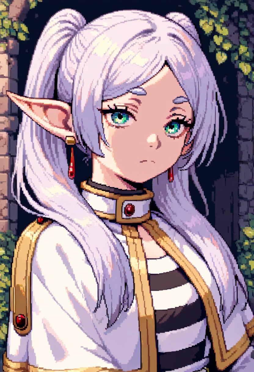 masterpiece, best quality, newest, absurdres, highres, DPAV1.0, pixel art, 
1girl, frieren, elf, pointy ears, pigtails, white robe,