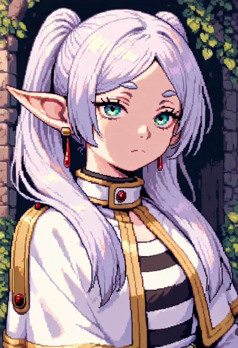 masterpiece, best quality, newest, absurdres, highres, DPAV1.0, pixel art, 
1girl, frieren, elf, pointy ears, pigtails, white robe,