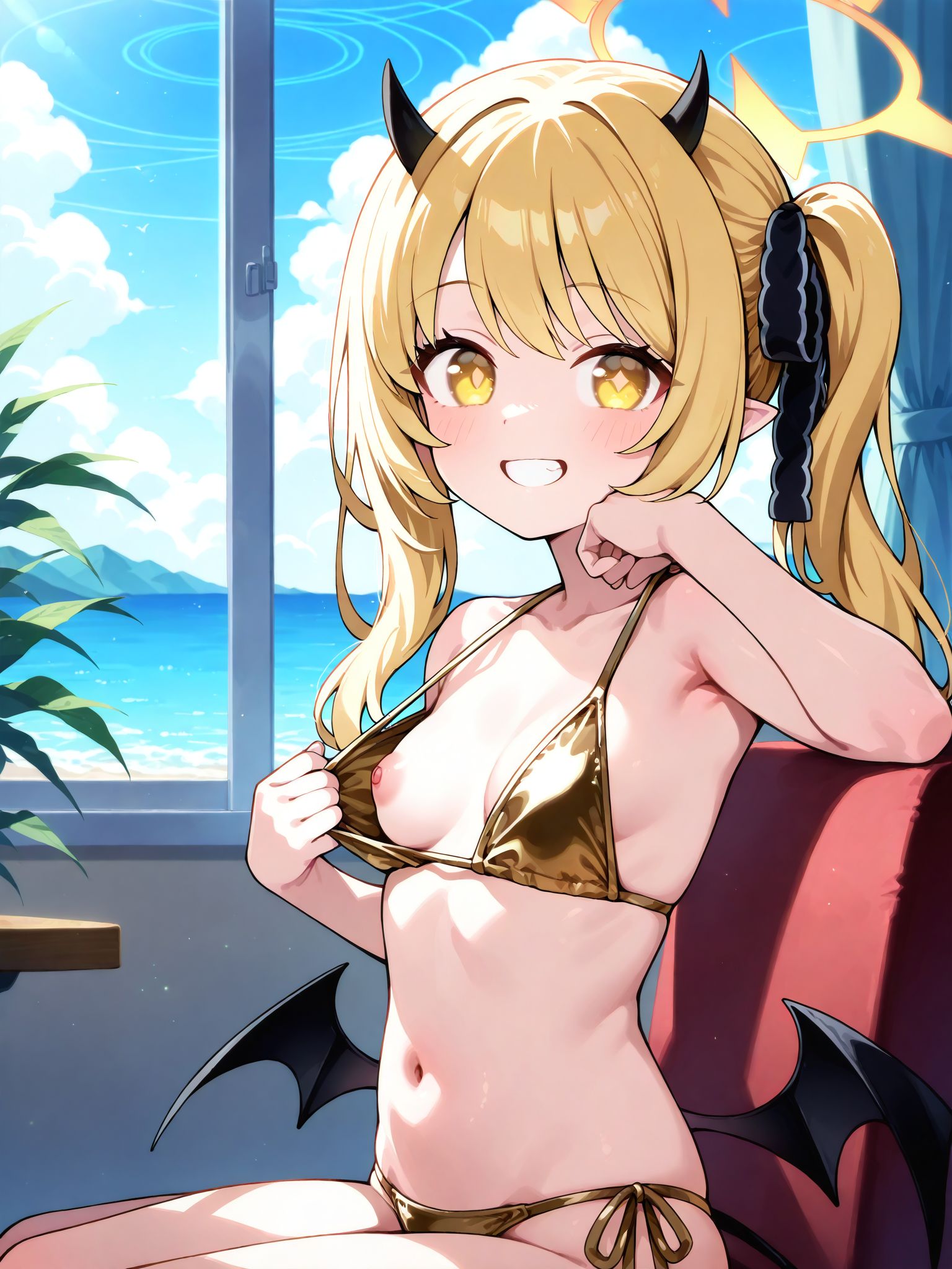 <lora:add-detail-xl:0.5>,masterpiece, best quality, newest, absurdres, highres, detailed eyes, beautiful, detailed background, perfect eyes, anime coloring, anime screencap,
<lora:flashing_breasts-000040:1>flashing_breastsV1,
oppai challenge, presenting breasts, 
flashing, one breast out, from side, sitting, head rest,
nipples,bikini pull,  looking at viewer, grin, 
gold bkini, bikini top,bikini bottom, navel, 
ibuki \(blue archive\), blue archive, official art, 
20YO,milf,
small breasts,