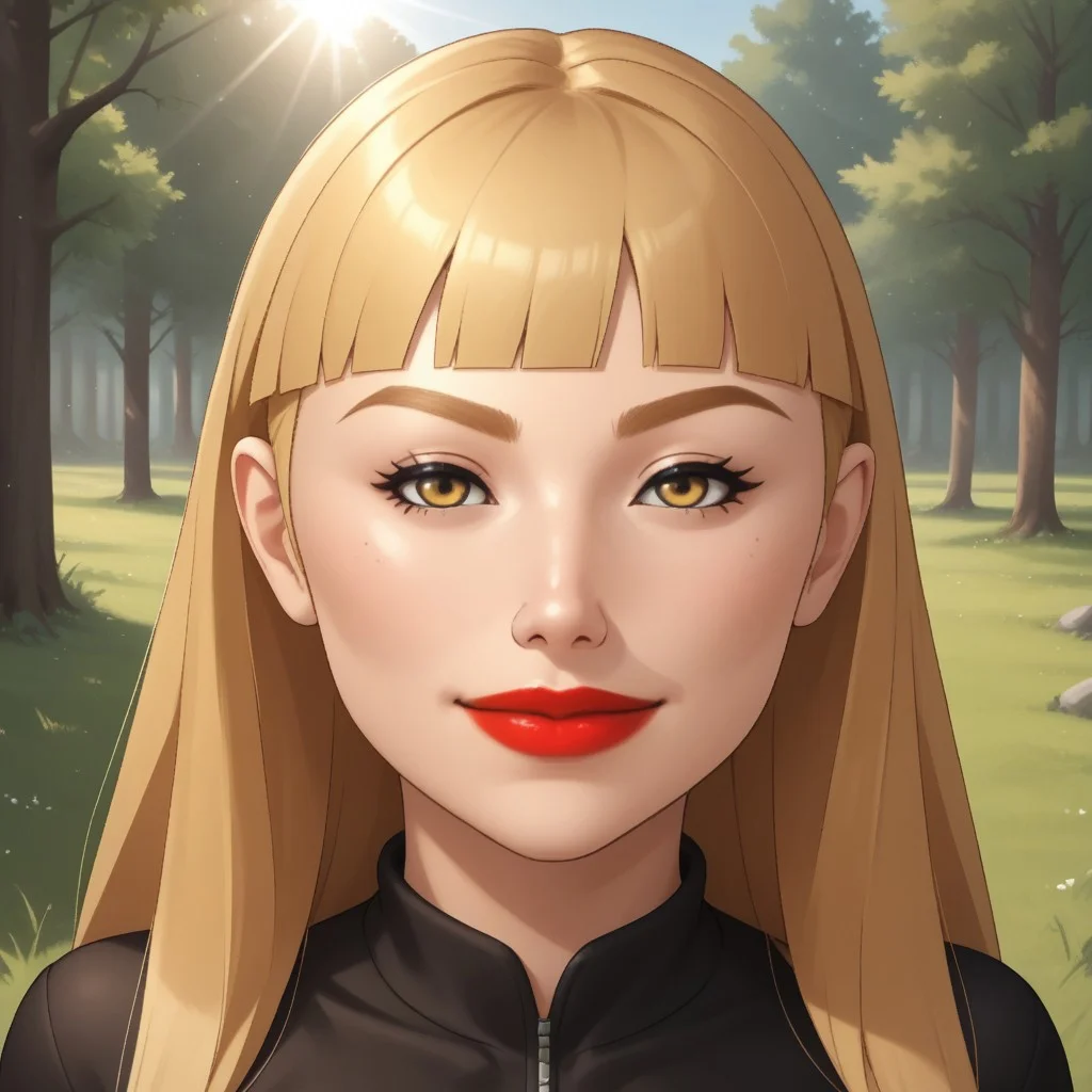 score_9, score_8, BREAK, solo, wii, mii, female mii, wii sports, 1girl, dark yellow eyes, blonde hair, dark blonde eyebrows, red lips, lipstick, black clothing, white pants, shoes, nintendo mii, modern_mii, classic_mii, breasts, Silke_(Wii_Sports), sexy pose, smile, outdoors, sunlight, shadows, evening lighting, natural lighting, forest, trees, grass, orange sky, sunset