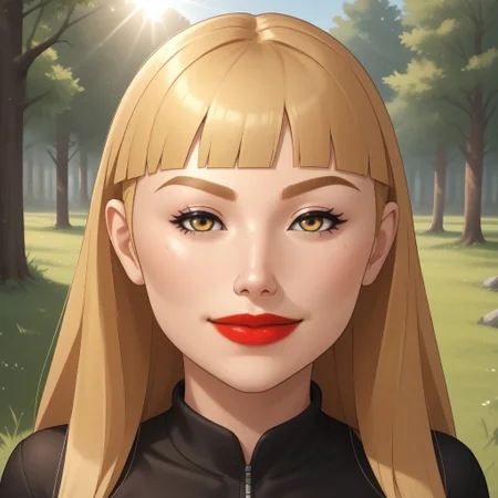 score_9, score_8, BREAK, solo, wii, mii, female mii, wii sports, 1girl, dark yellow eyes, blonde hair, dark blonde eyebrows, red lips, lipstick, black clothing, white pants, shoes, nintendo mii, modern_mii, classic_mii, breasts, Silke_(Wii_Sports), sexy pose, smile, outdoors, sunlight, shadows, evening lighting, natural lighting, forest, trees, grass, orange sky, sunset