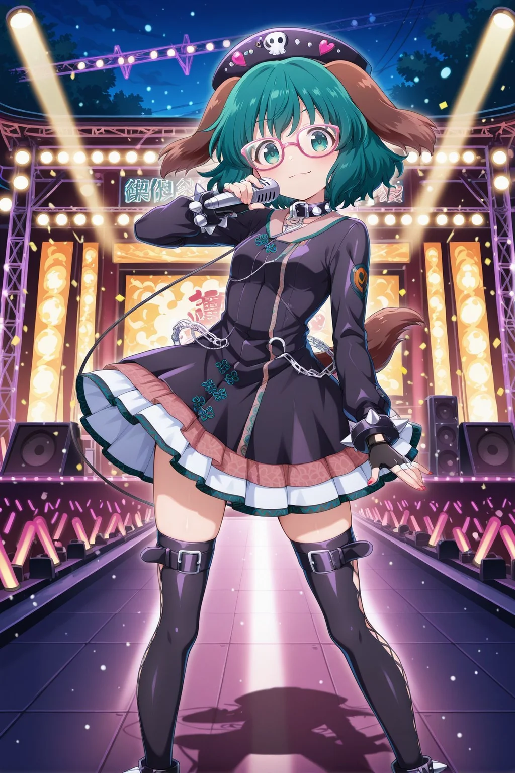 absurdres, highres, masterpiece, best quality, amazing quality, official anime artwork, screencap, anime screencap, outdoors, looking at viewer, light smile, dynamic pose,
<lora:Kyouko-Kasodani_Illustrious:1> kasodani kyouko, 1girl, solo, green eyes, green hair, medium hair, dog ears, dog tail,, kasodani kyouko \(choujuu gigaku\), alternate costume, black headwear, pink-framed eyewear, black dress, frilled dress, long sleeves, black gloves, fingerless gloves, spiked bracelet, jewelry, chain, black thighhighs, black boots, knee boots, holding microphone,
stage, night,