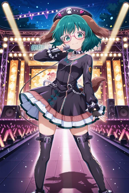 absurdres, highres, masterpiece, best quality, amazing quality, official anime artwork, screencap, anime screencap, outdoors, looking at viewer, light smile, dynamic pose, 
 <lora:Kyouko-Kasodani_Illustrious:1> kasodani kyouko, 1girl, solo, green eyes, green hair, medium hair, dog ears, dog tail,, kasodani kyouko \(choujuu gigaku\), alternate costume, black headwear, pink-framed eyewear, black dress, frilled dress, long sleeves, black gloves, fingerless gloves, spiked bracelet, jewelry, chain, black thighhighs, black boots, knee boots, holding microphone, 
stage, night,