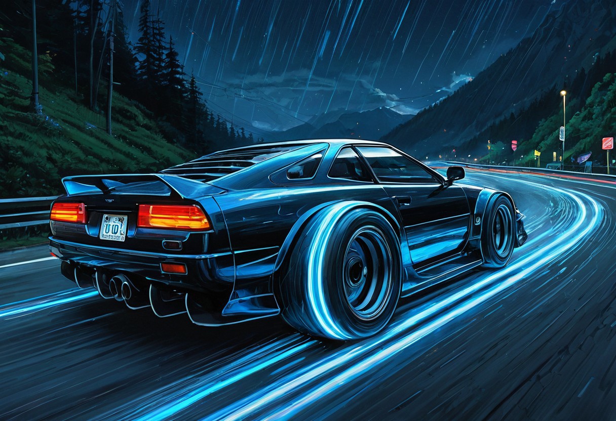 (studio ghibli digital drawing), best quality, masterpiece, extremely detailed, professional art, professional painting, an extremely delicate and beautiful, dynamic, depth of field, elegant, gorgeous, highly detailed, full shot, uncropped, absolutely perfect, highly detailed, breathtaking, sci-fi drift car, hoverwheels, blue glowing hover wheels, drifting around corner, light streaks, beautiful mountain road,
At night, night, night sky, dark sky,