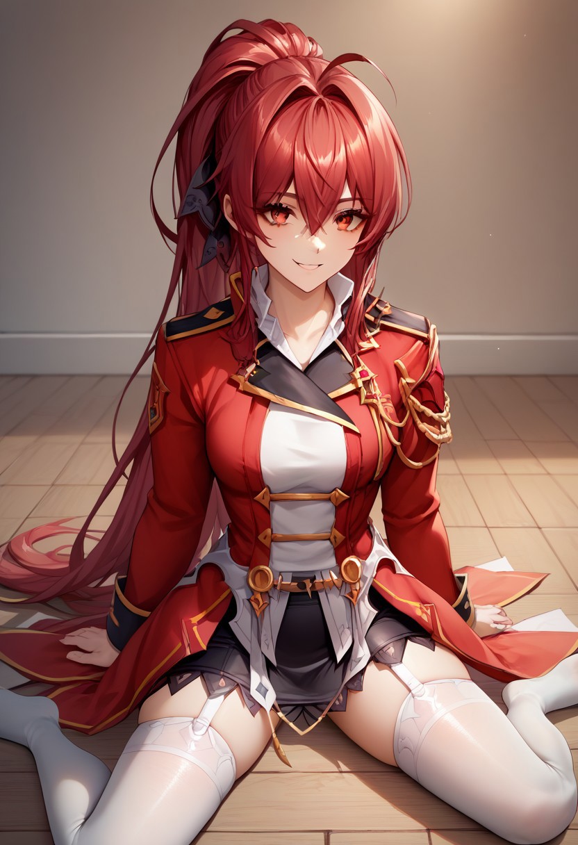 score_9, score_8_up, score_7_up, source_anime, good anatomy, solo, 1girl, elesisEmpSord, ponytail, red hair, red eyes, red and white military uniform, double breasted jacket, no shoulderguards, black miniskirt, pencil skirt, white thighhigh, garterbelt, no shoulderguards, sitting, on floor, smiling