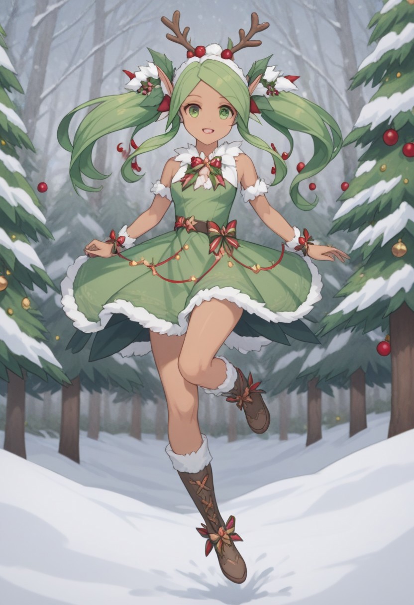 high quality, score_7_and_up, masterpiece, solo, 1girl, challua_wf, pointy ears, green eyes, tan skin, green dress, holly dress, boots, full body, :), , jumping, dynamic, forest background, snow, snowy forest, christmas tree,  blurry background