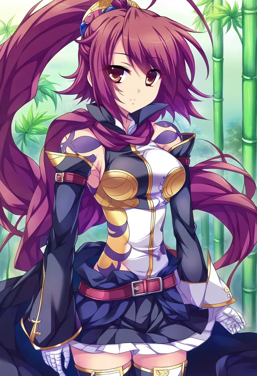 best quality, (masterpiece:1.2), illustration, absurdres, (1girl, solo), (beautiful detailed girl), kmsren <lora:LuLingqi-08:0.8>, Lu Lingqi, brown hair, brown eyes, long hair, hihg ponytail, headpiece, feathers, armored dress, shoulder armor, black skirt, thigh boots, armored boots, gloves, in bamboo forest, chinese architecture, stream,, standing, cowboy shot,, looking at viewer, confident, proud,