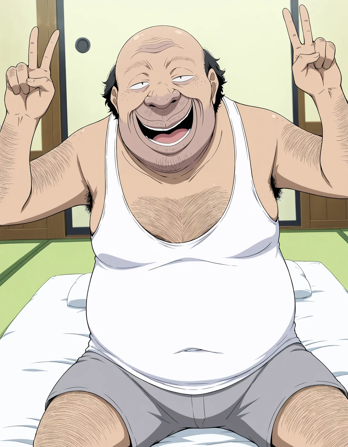 masterpiece, best quality,anime screencap, anime coloring,(4 fingers, 1 thumb:1.1),(solo boy,alone,soro focus:1.1),portrait,
<lora:Ossan-IL-Vol01:0.9>Ossan-IL-Vol01,1boy,fat man,old man,ugly man,hentai,ossan,stubble,facial hair,bald,beard stubble,big nose,dark-skinned male,arm hair,chest hair,hairy,(black hair:0.8),
(freckles:0.7),(sanpaku:0.8),white tank top,gray shorts,
victory pose,sitting,on futon,