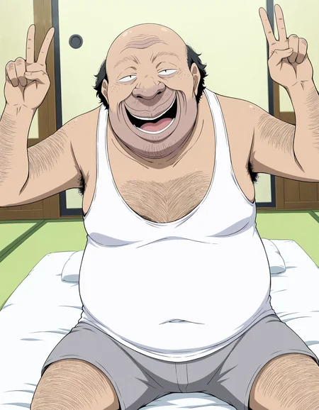 masterpiece, best quality,anime screencap, anime coloring,(4 fingers, 1 thumb:1.1),(solo boy,alone,soro focus:1.1),portrait,
<lora:Ossan-IL-Vol01:0.9>Ossan-IL-Vol01,1boy,fat man,old man,ugly man,hentai,ossan,stubble,facial hair,bald,beard stubble,big nose,dark-skinned male,arm hair,chest hair,hairy,(black hair:0.8),
(freckles:0.7),(sanpaku:0.8),white tank top,gray shorts,
victory pose,sitting,on futon,