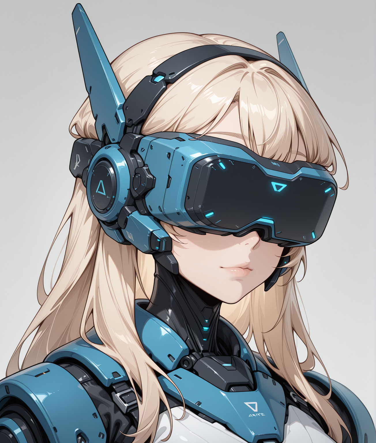 masterpiece,best quality,amazing quality,very aesthetic,absurdres,newest,
BREAK,
, science fiction, , head-mounted display, portrait, lips, long hair, 
solo, ,1girl, upper body, narrow waist, 
 <lora:Anachrotech_Mecha_bits_Illustrious:1> an4chr0t3ch, head-mounted display