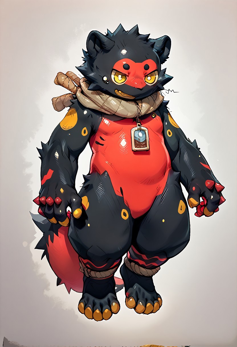 zuppu11, anthro, furry, red skin, black skin, yellow markings, rope around head, claws, white pupils, yellow iris, score_9, score_8_up, score_7_up, zPDXL3, full body, zPDXLpg, fluxPaint