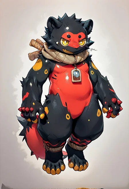 zuppu11, anthro, furry, red skin, black skin, yellow markings, rope around head, claws, white pupils, yellow iris, score_9, score_8_up, score_7_up, zPDXL3, full body, zPDXLpg, fluxPaint