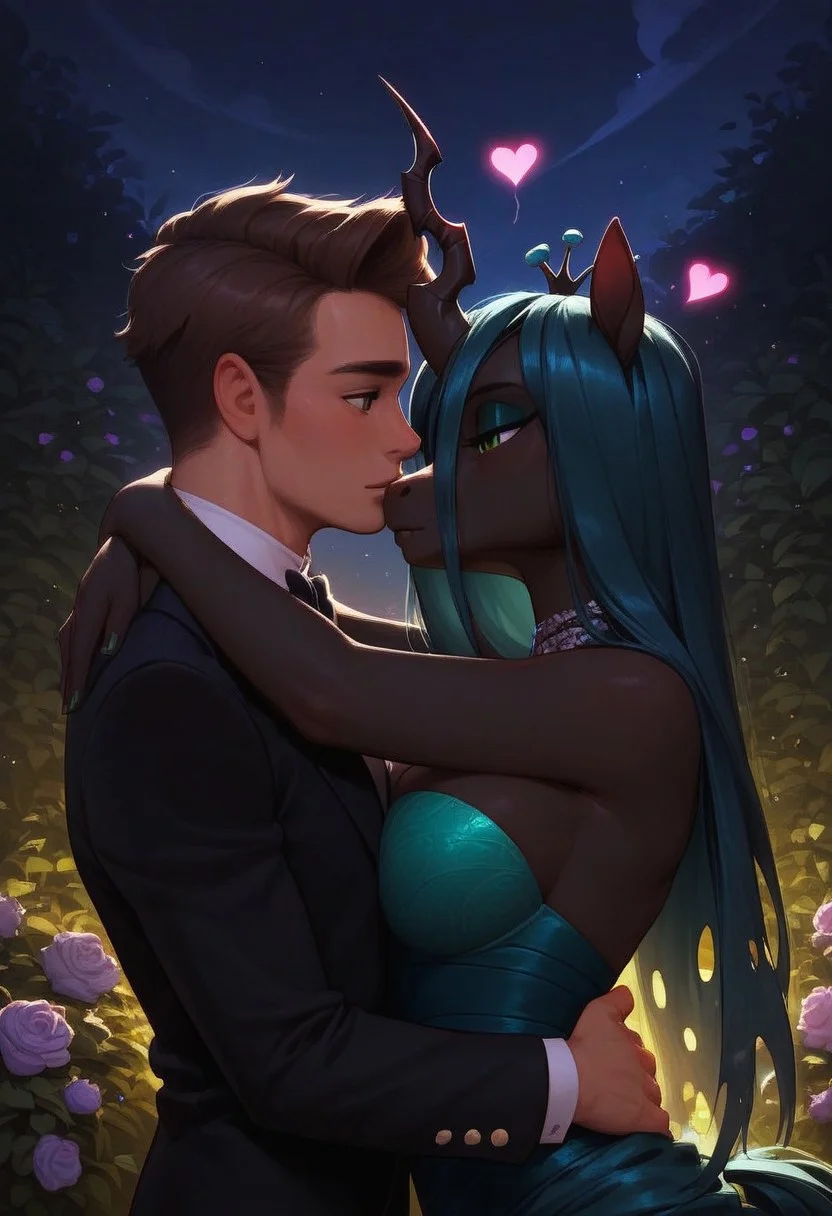 score_9, score_8_up, score_8, score_7_up, score_6_up, score_5_up, score_4_up, female focus, Expressiveh,  
BREAK,
duo, (1girl, anthro pony, horse head, ((anthro female)), queen chrysalis, ((/mlp/)), female, beautifull eyes, lidded eyes, big breasts, perfect round breasts, body fur, full dressed, gala dress, jewelery, head on another chest), (1boy, ((human male)), big male, dark brown hair, dark brown eyes, full dressed, formal suit), (hug, holding each other, deep in love, hearts), low light, night sky, in a garden full of flowers, unique angle, full dressed, sfw, romantic, zoomed out