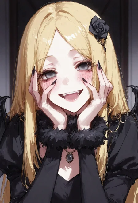BREAK close-up, sketch, depth of field, ambience sense, anime eyes, detailed anime eyes, upper body
BREAK r3nn3rBl4ck, blonde hair, grey eyes, long hair, hair ornament, parted bangs, wings, black dress, long sleeves, fur collar, fur trim, black rose, long fingernails, black nails, EyesHD, artist:moriimee, r17329_illu, usnr
BREAK blush, crazy smile, empty eyes, hands on own face, looking at viewer, open mouth, smile, yandere