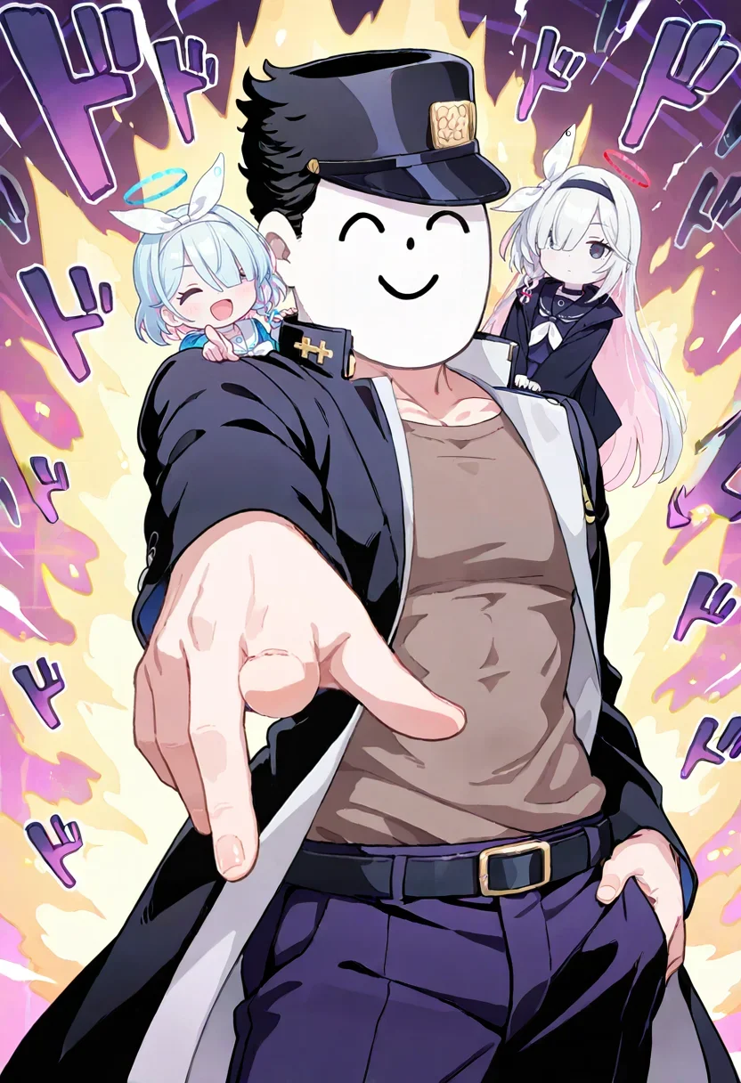 (masterpiece, best quality, high quality, good quality),1boy,arona's sensei doodle \(blue archive\),plana \(blue archive\),arona \(blue archive\),
jojo pose,pointing at viewer,menacing \(jojo\),serious,powering up,energy,white skin,purple skirt,smile,closed eyes,