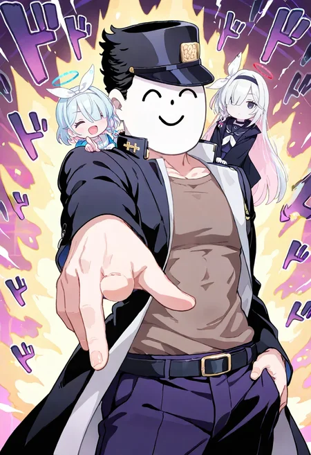 (masterpiece, best quality, high quality, good quality),1boy,arona's sensei doodle \(blue archive\),plana \(blue archive\),arona \(blue archive\),
jojo pose,pointing at viewer,menacing \(jojo\),serious,powering up,energy,white skin,purple skirt,smile,closed eyes,