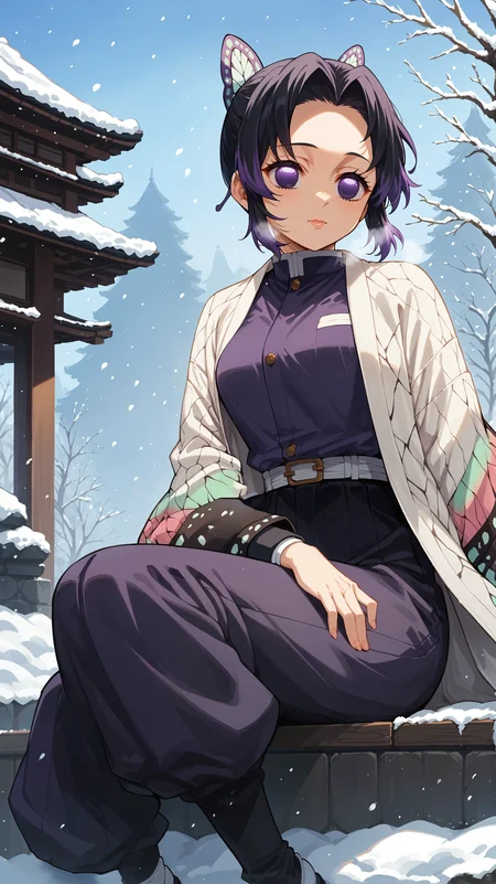score_9,score_8_up,score_7_up,score_6_up, source_anime, zPDXL3, <lora:xl_more_art-full_v1:0.5>, girl, dynamic pose, figure four sitting, <lora:Shinobu Kocho - Pony-000004:0.8>, black hair, purple hair, short hair, multicolored hair, purple eyes, empty eyes, japanese clothes, purple shirt, purple pants, white coat, butterfly print, butterfly hair ornament, hair ornament, east asian architecture, snowing, winter, visible breath,