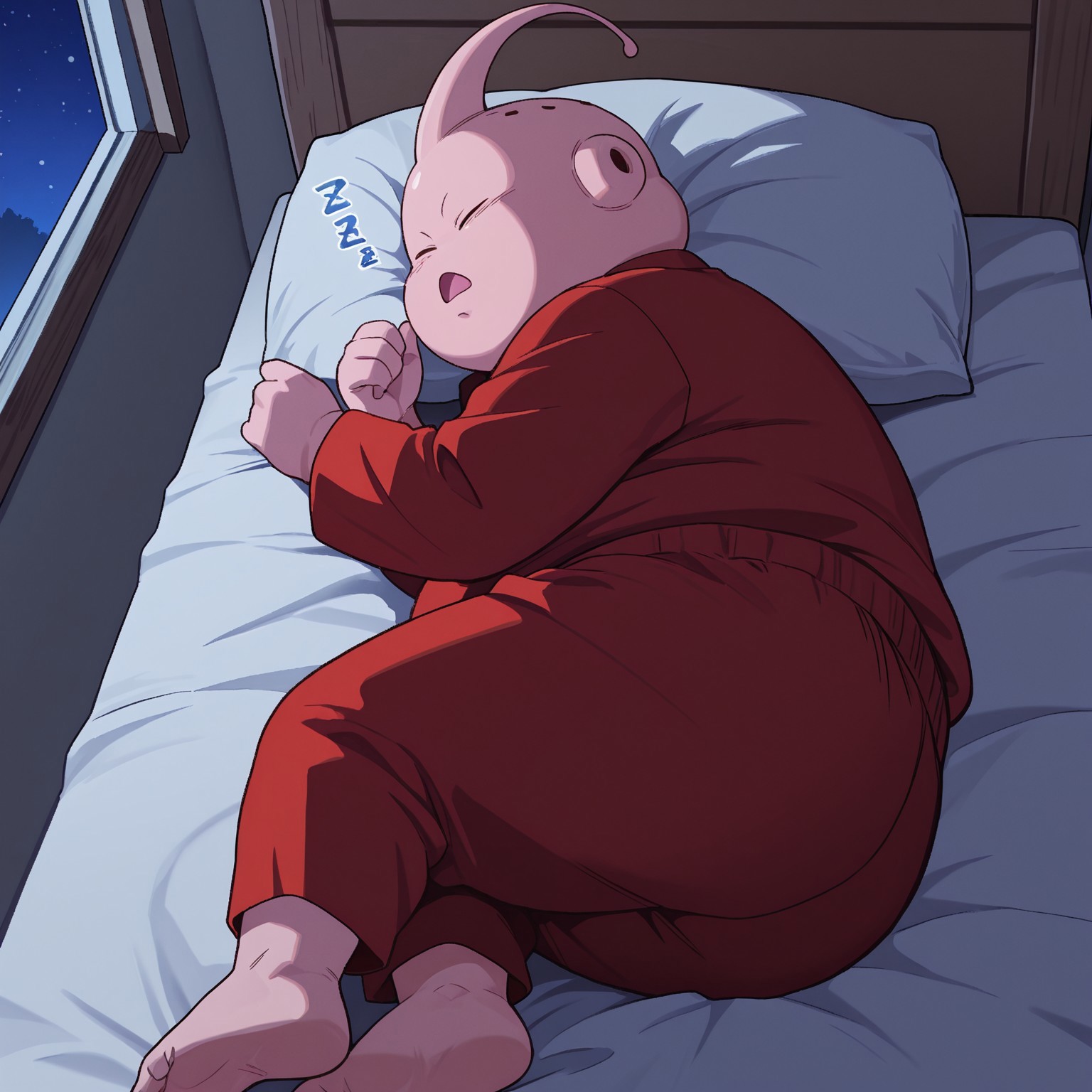 2d, Goodbuudbz, 2d, solo, male, eyes closed, no nose, no eyebrows, pink antenna, fat, pink skin, hole_(anatomy), 

BREAK lying on side, head on pillow, on bed, red pajamas, long sleeves, red pants, barefoot, open mouth, sleeping, zzz

BREAK best quality, amazing quality, very aesthetic, absurdres, high quality, masterpiece, newest,inside, indoors, bedroom, bed, window, night