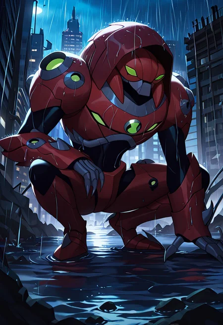 masterpiece, best quality, amazing quality, very aesthetic, absurdres, newest,, detailed background, 
waterhazard, solo, red armor, red hood up, , helmet,  mecha, alien, claws, green eyes, 1boy, 
night city, flowing water, flooded city, crouching, on lamp post, destroyed city, heavy rain, smoking building, 9/11