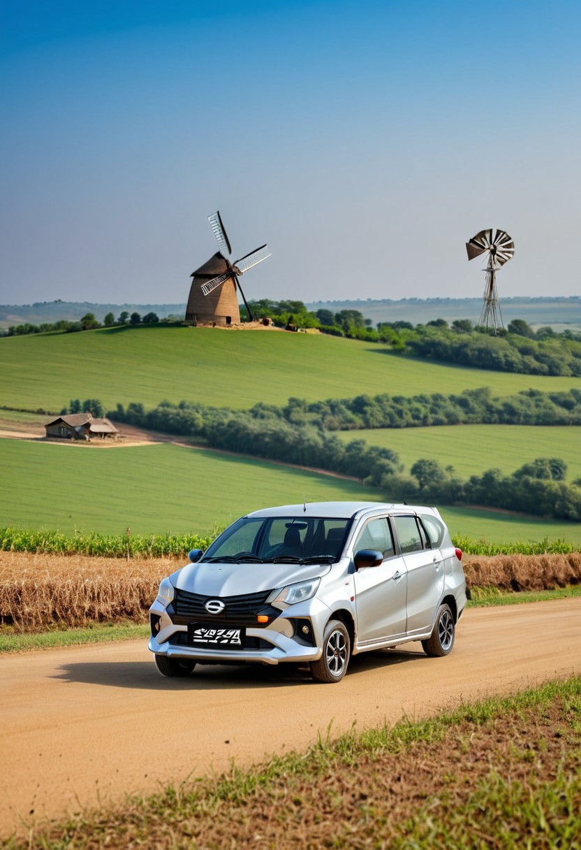 high resolution, best quality, Car, Daihatsu Sigra, Rural landscape, windmill, clear day,