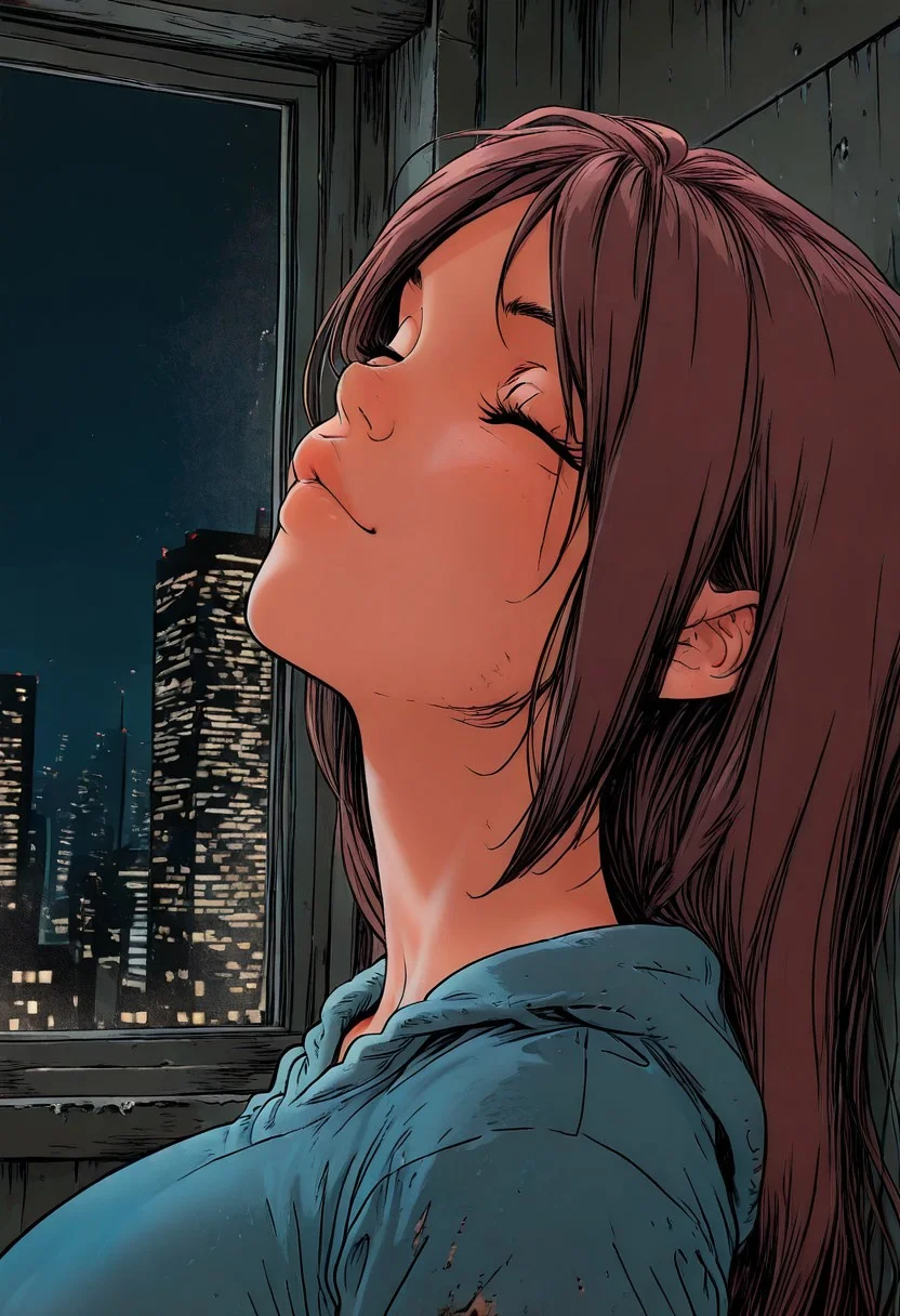 (masterpiece), side view, (ultra-detailed, 8k, gritty cinematic style), mid shot, male pov (best quality), (ultra-detailed), noise effect. chromatic aberration, BREAK 1 girl, brown hair, very long hair, perfect mouth, hoodie, blue hoodie , hoodie down ,eyes at viewer, large breasts, portrait, lean on bedroom wall, cheeks flushed, happy, mouth closed, horny, head to the left BREAK bedroom, night, Window, city at night
,