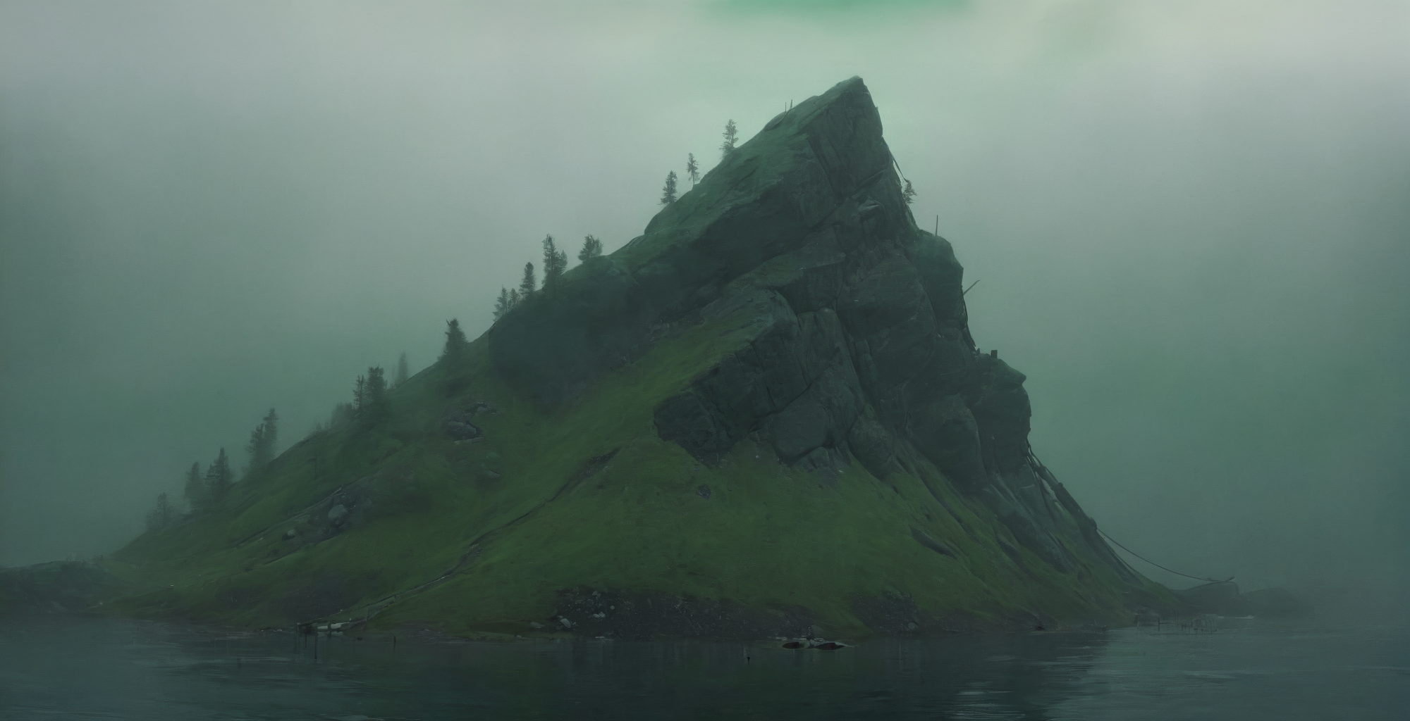 best quality, masterpiece, raw photo, 8k, uhd, cinematicpainting, a norway landscape,dark green tones,mist,fog    <lora:Cinematic_Painting_XL_V02:1>