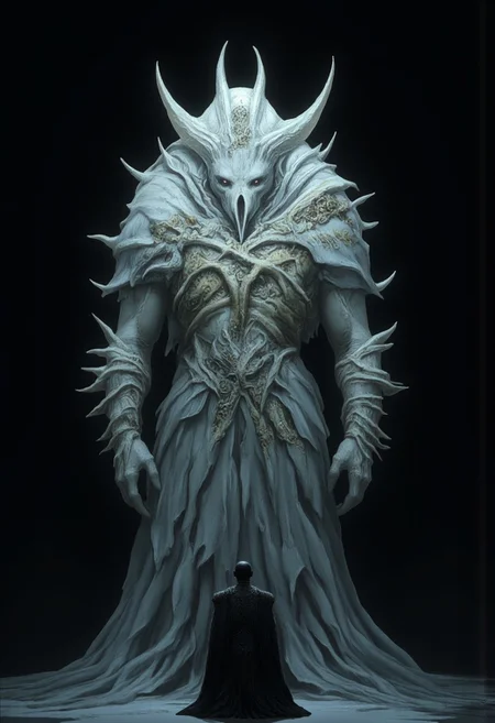 closeup of a man kneeling in front of a Monster Boss resembling an ethereal three-eyed raven
Set against a solid dark black color background to emphasize its unsettling unnatural form that emphasizes its silhouette. The medium is not a traditional painting or illustrative medium like watercolor or ink but rather a digital 3D rendering.
MikeFranchinastyle, d4artstyle, d4concept, , bbstyle,, horror theme,, zbrush, ZBClay model of a gray sculpture, 1990's, 1990's style