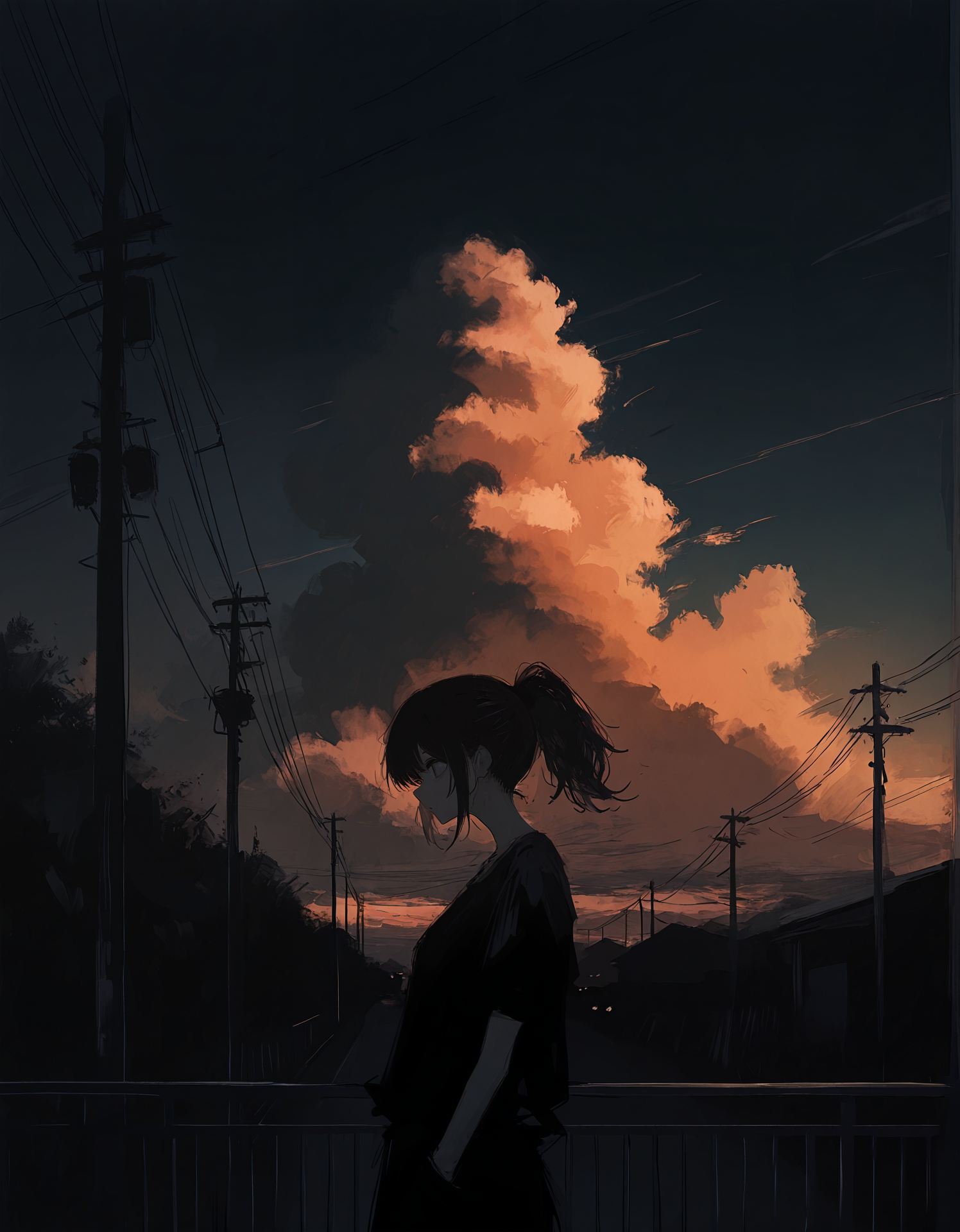 masterpiece,  best quality, newest, highres, absurdres,  <lora:fuyumur4s4ki_style:1>,fuyumur4s4ki_illu,painting \(medium\),  1girl, solo, dark, railing, sky, outdoors, ponytail, power lines, sunset, cloud, utility pole, silhouette