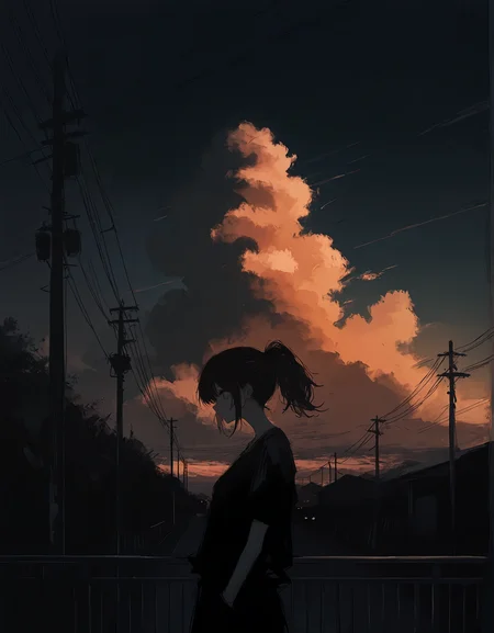 masterpiece,  best quality, newest, highres, absurdres,  <lora:fuyumur4s4ki_style:1>,fuyumur4s4ki_illu,painting \(medium\),  1girl, solo, dark, railing, sky, outdoors, ponytail, power lines, sunset, cloud, utility pole, silhouette